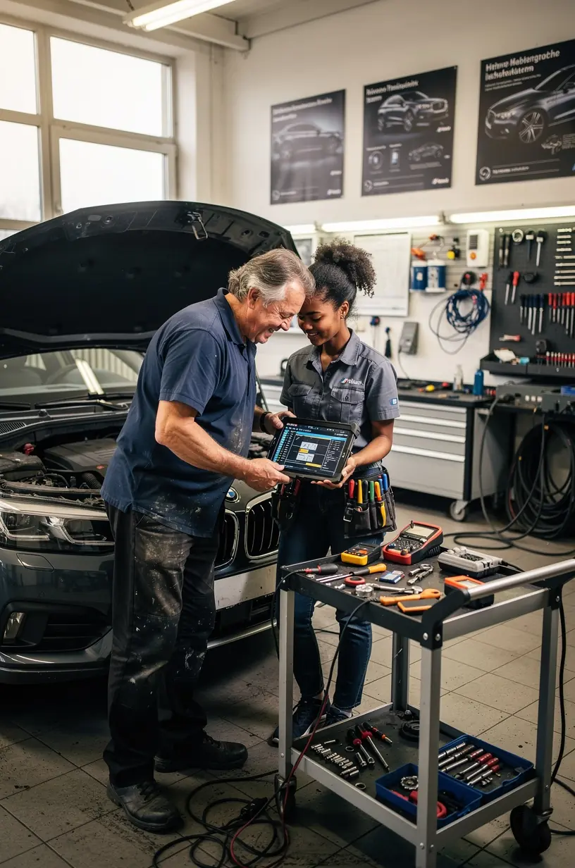 Techniker analysiert Fehlercodes am Fahrzeugdiagnosecomputer zur präzisen Fehlersuche im Autoelektroniksystem.