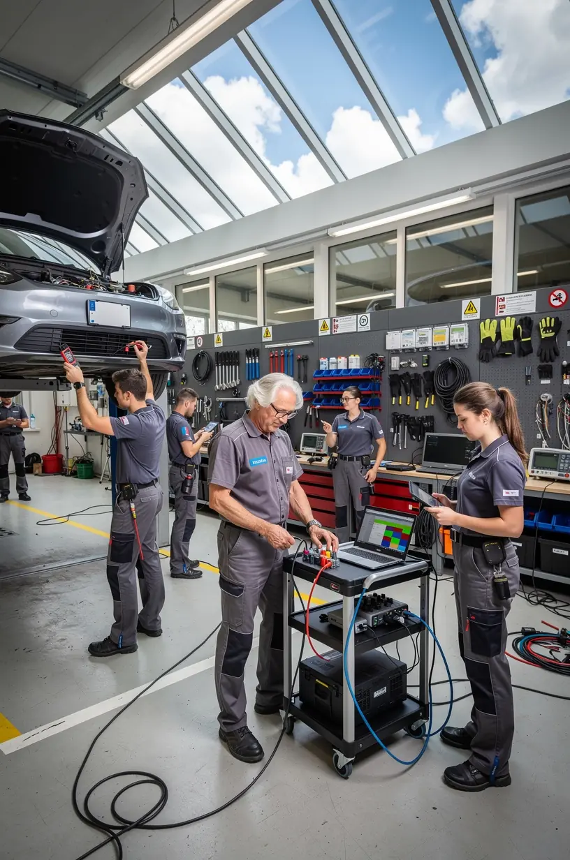 Innenansicht einer professionellen KFZ-Werkstatt mit Spezialisten, die die komplexen elektronischen Systeme eines Autos prüfen.